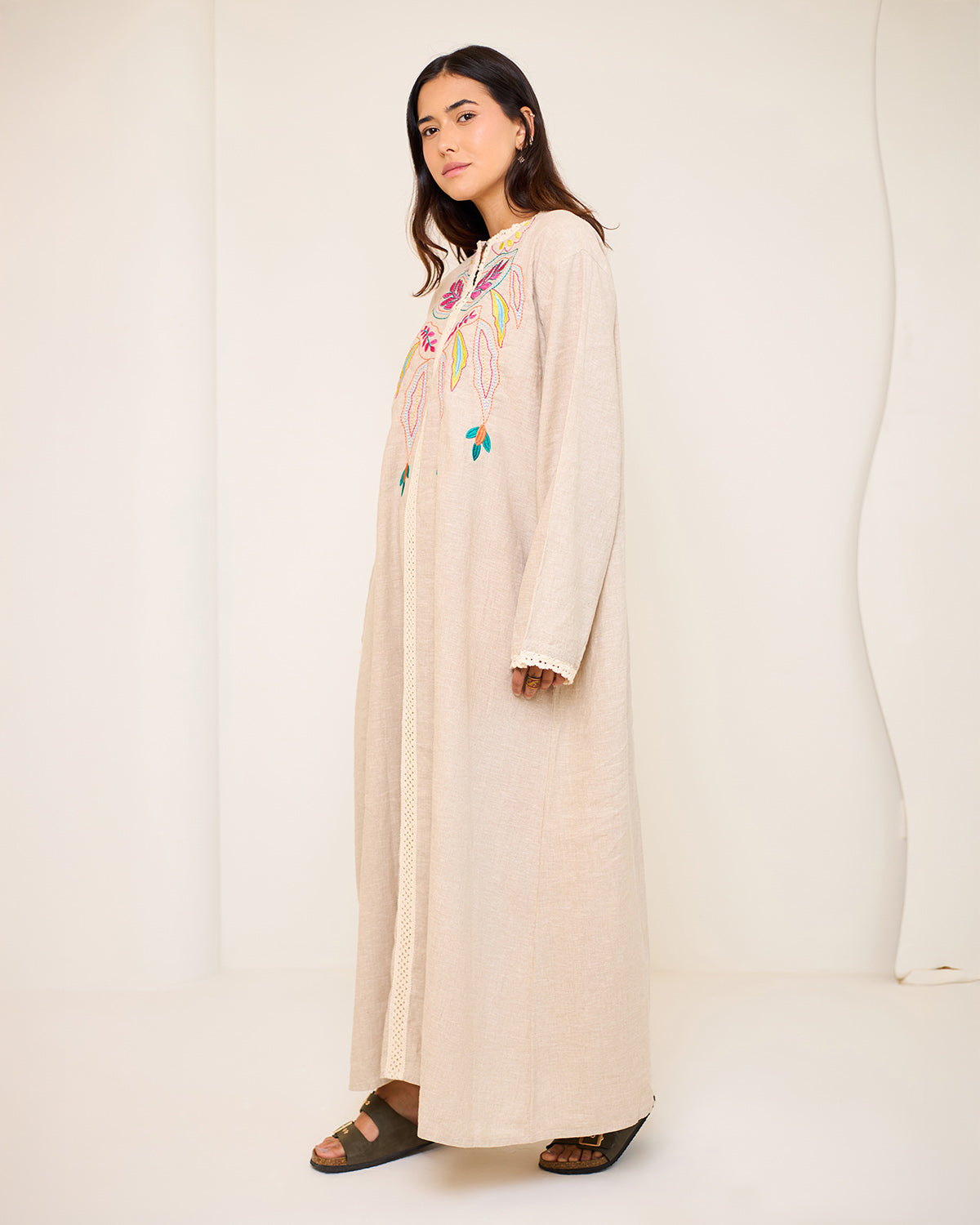 Asiya Beige Embroidered Linen Kaftan Dress