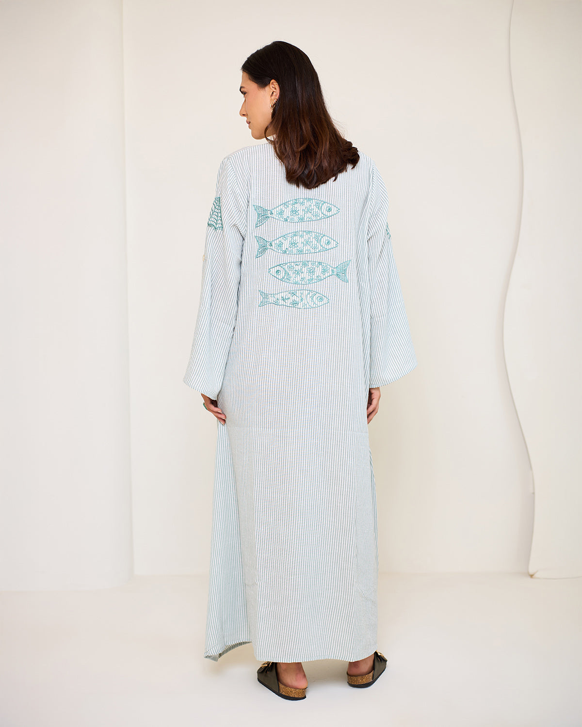 Coastal Reef – Mint Green | Embroidered Linen Cotton Striped Dress