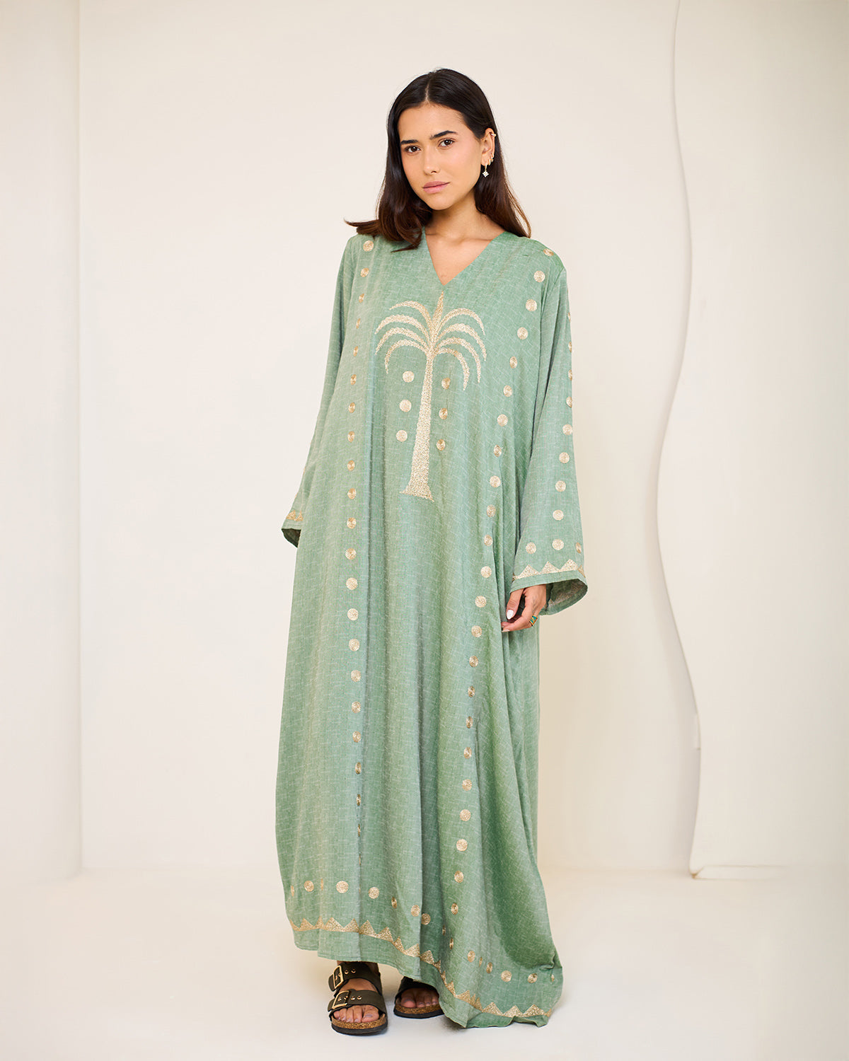 Tamara Olive Green Embroidered Cotton Kaftan Dress