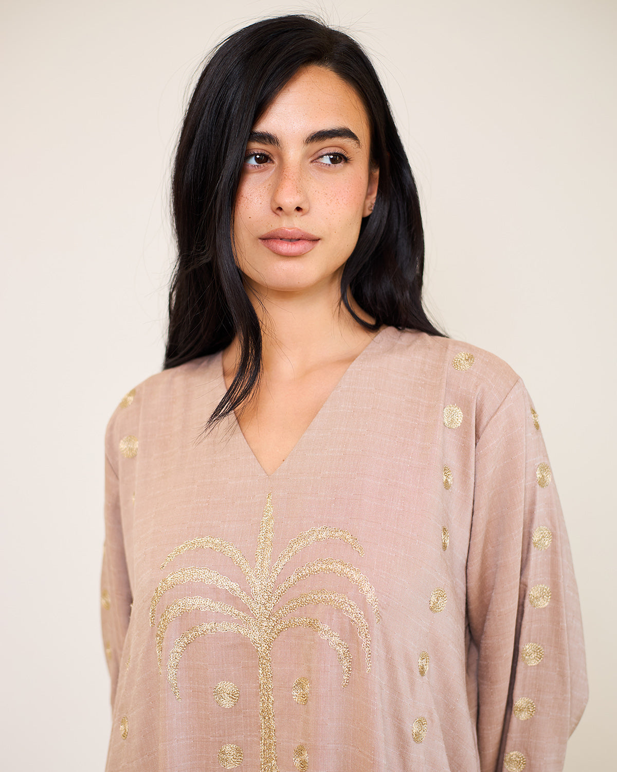 Tamara Beige Embroidered Cotton Kaftan Dress
