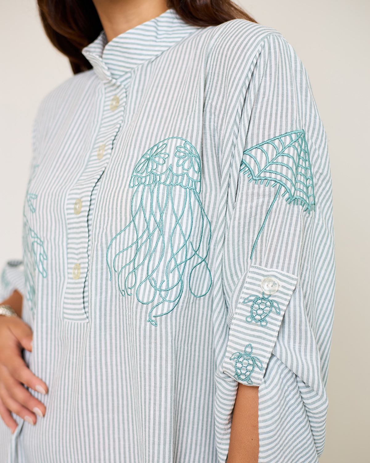 Coastal Reef – Mint Green | Embroidered Linen Cotton Striped Dress