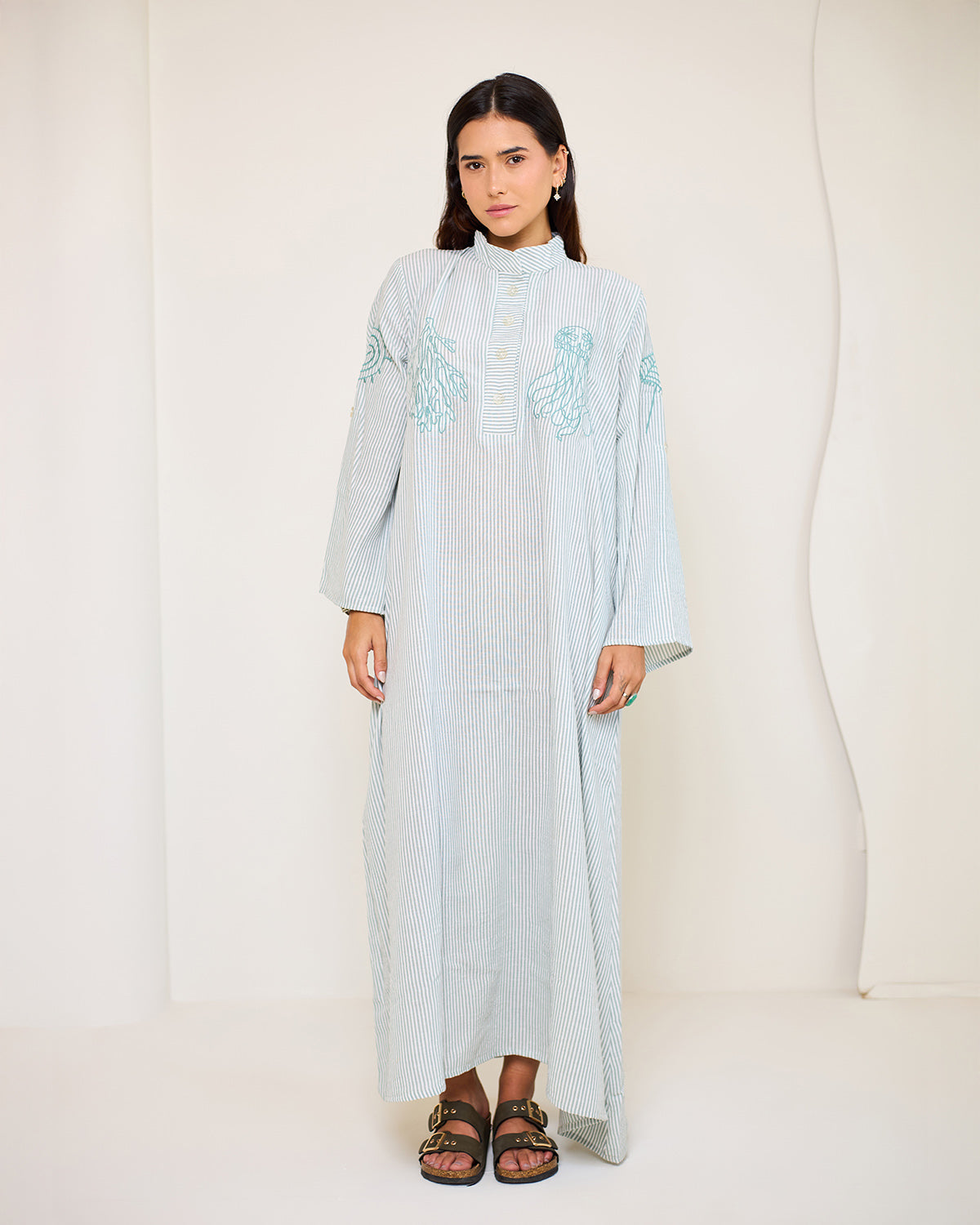 Coastal Reef – Mint Green | Embroidered Linen Cotton Striped Dress