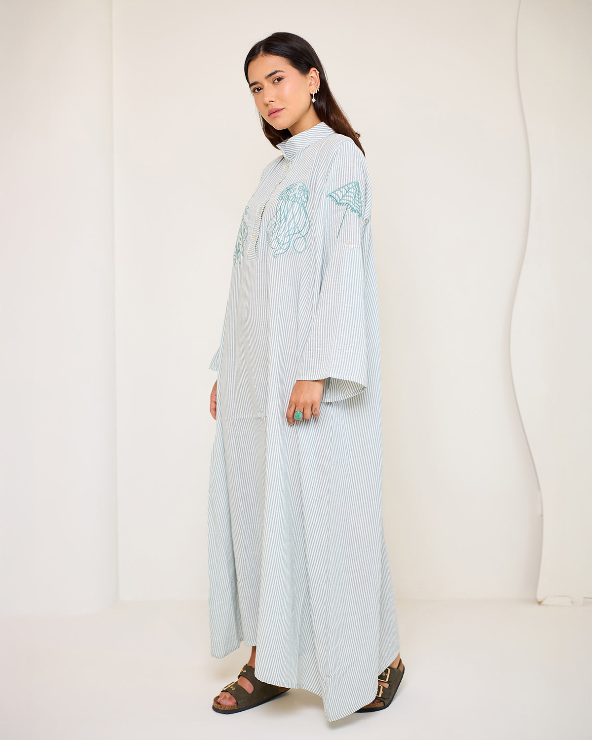 Coastal Reef – Mint Green | Embroidered Linen Cotton Striped Dress