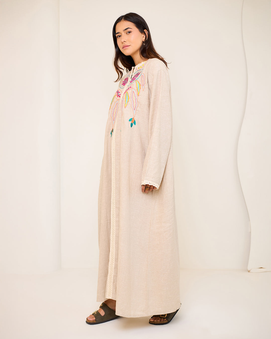 Embroidered Linen Kaftan Dress - Asiya