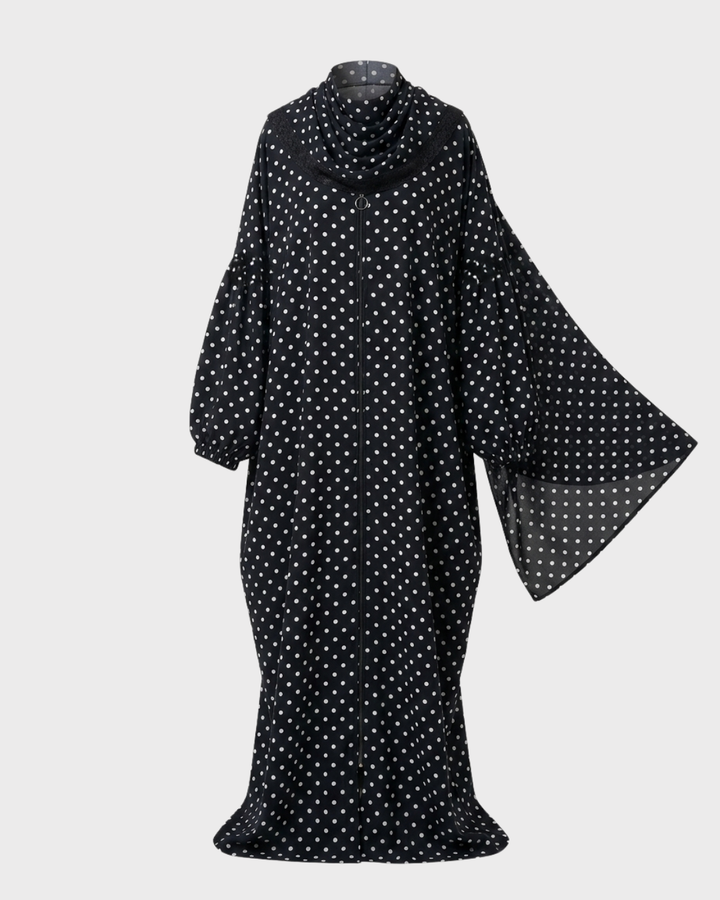 Polka Noir Turkish Isdal — navy-black crepe with white polka dots, La Festiva