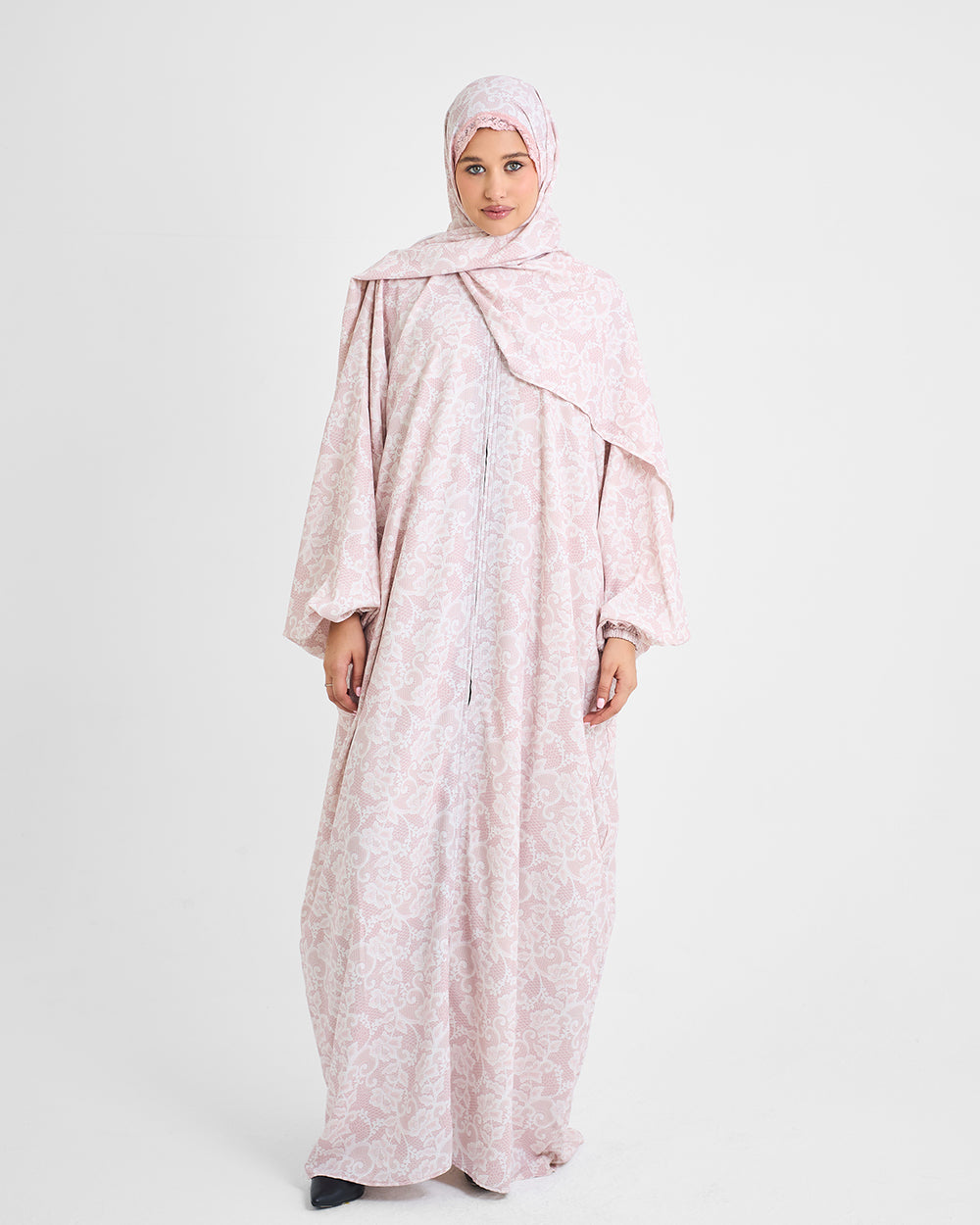 Bridal Era Turkish Isdal — blush pink damask crepe prayer isdal, La Festiva