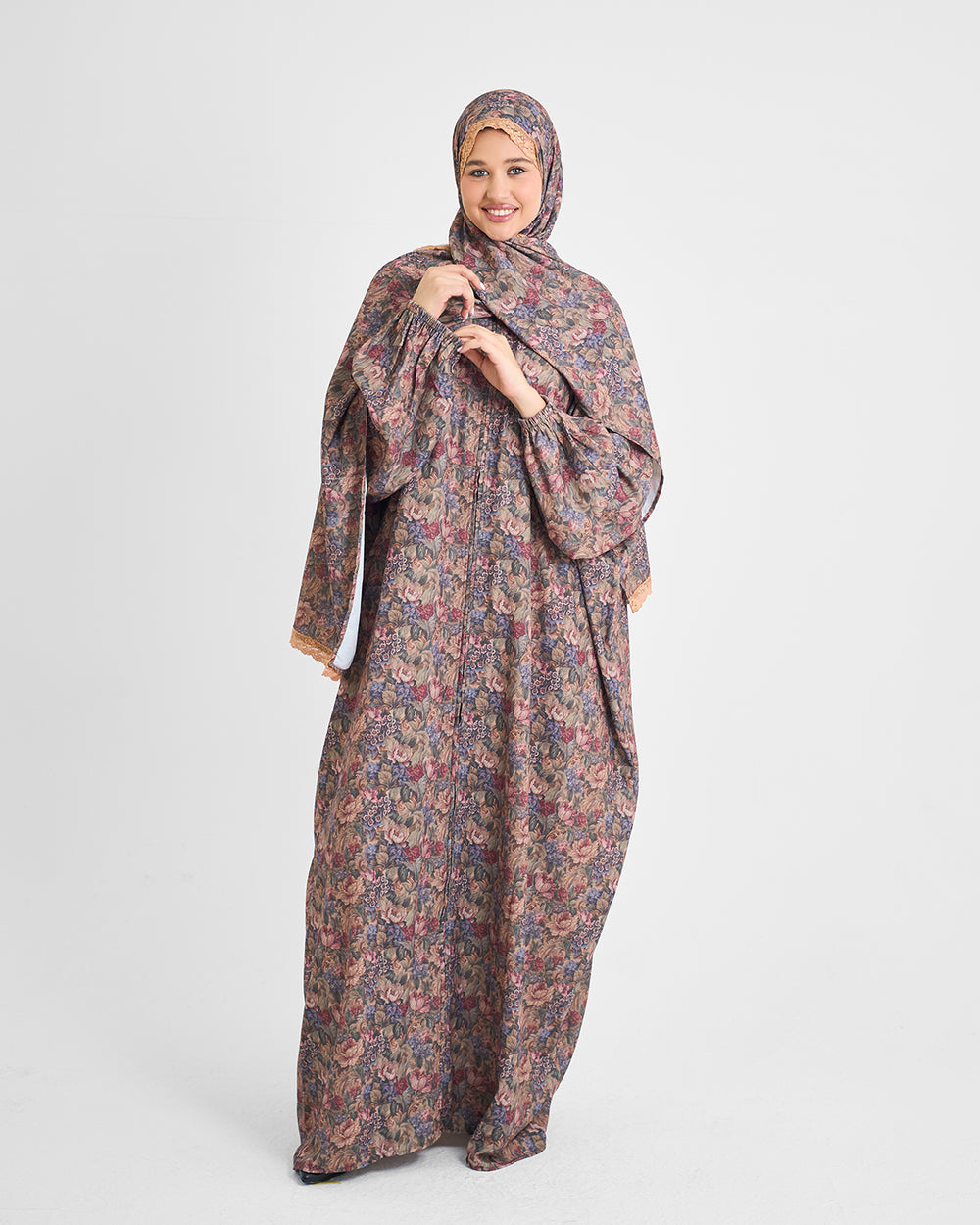 Antique Rose Turkish Isdal — muted rose floral crepe prayer isdal, La Festiva