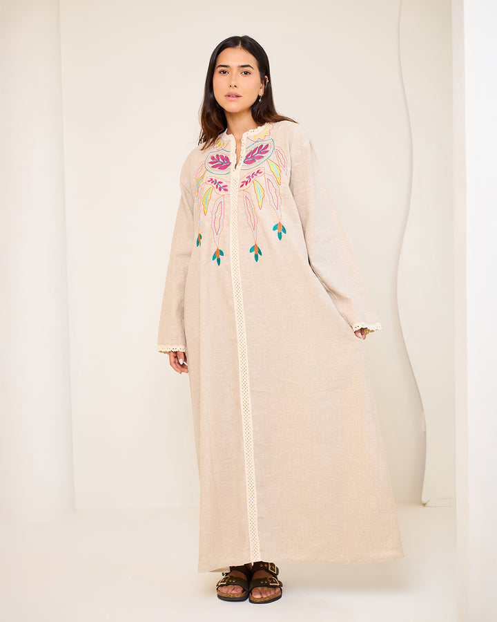 Embroidered Linen Kaftan Dress - Asiya
