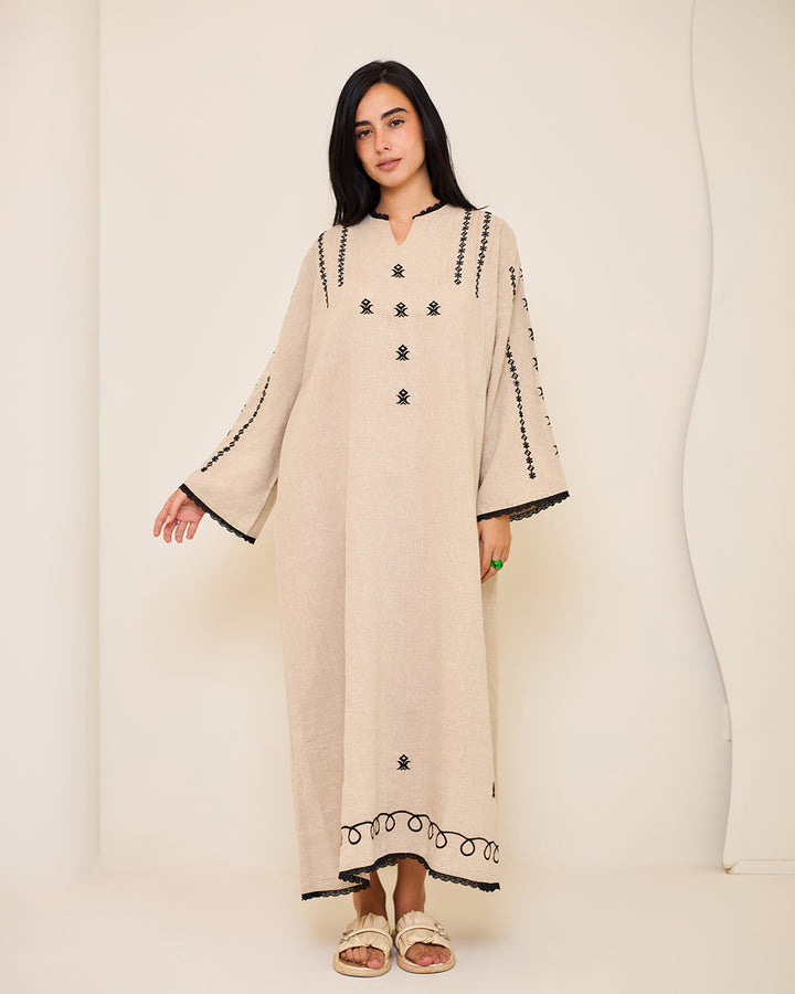 Embroidered Linen Kaftan Dress - Amelia