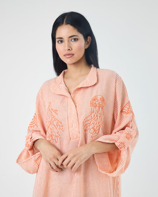 Coastal Reef – Coral | Embroidered Linen Cotton Striped Dress