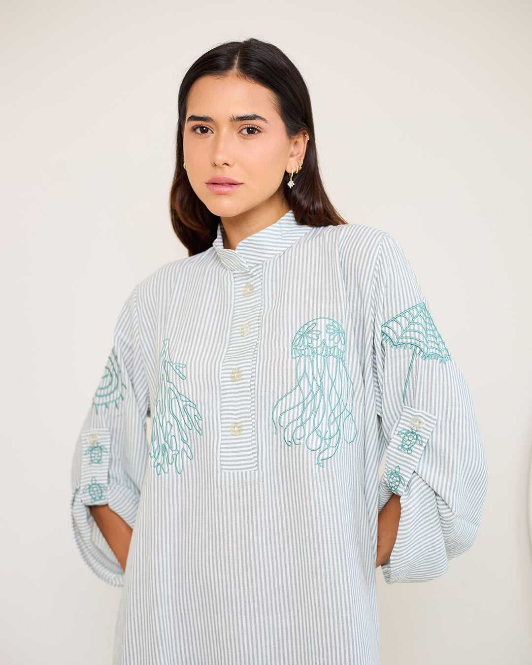 Embroidered Linen Cotton Striped Dress | Coastal Reef
