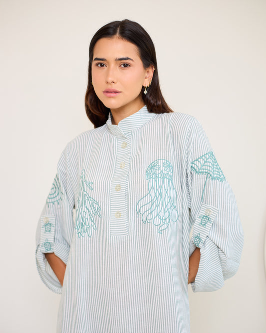 Coastal Reef – Mint Green | Embroidered Linen Cotton Striped Dress