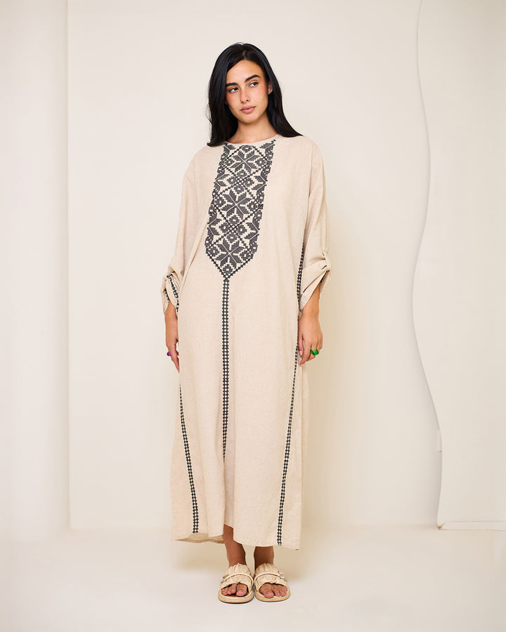 Embroidered Linen Kaftan Dress - Athena