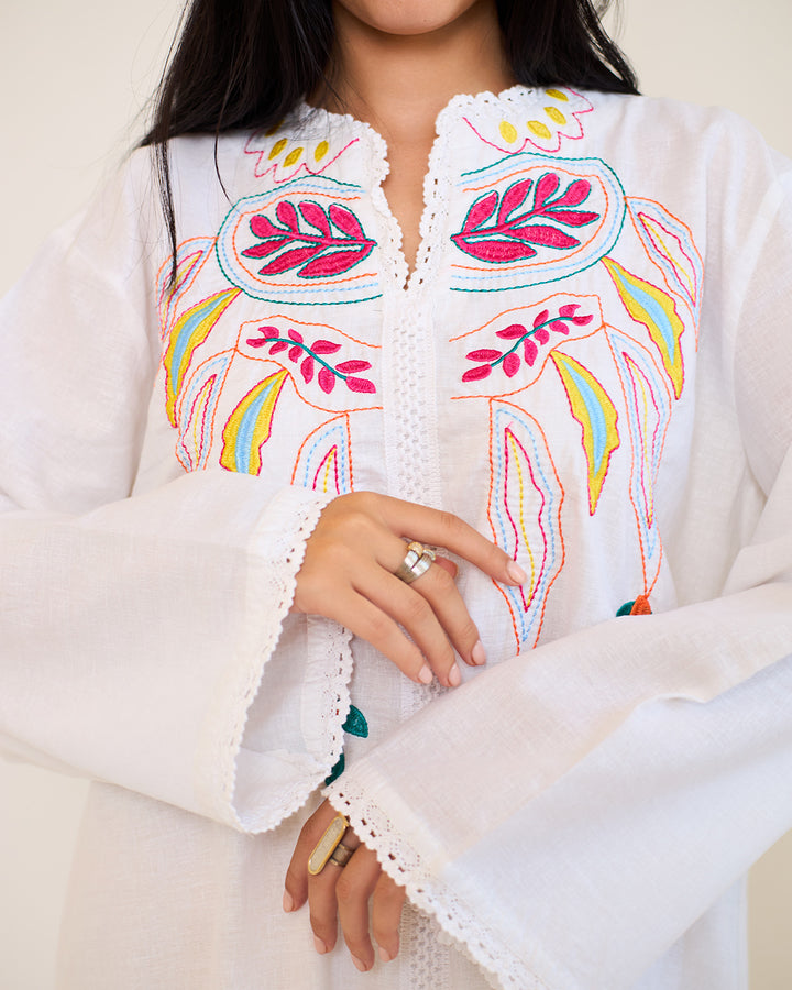 Embroidered Linen Kaftan Dress - Asiya