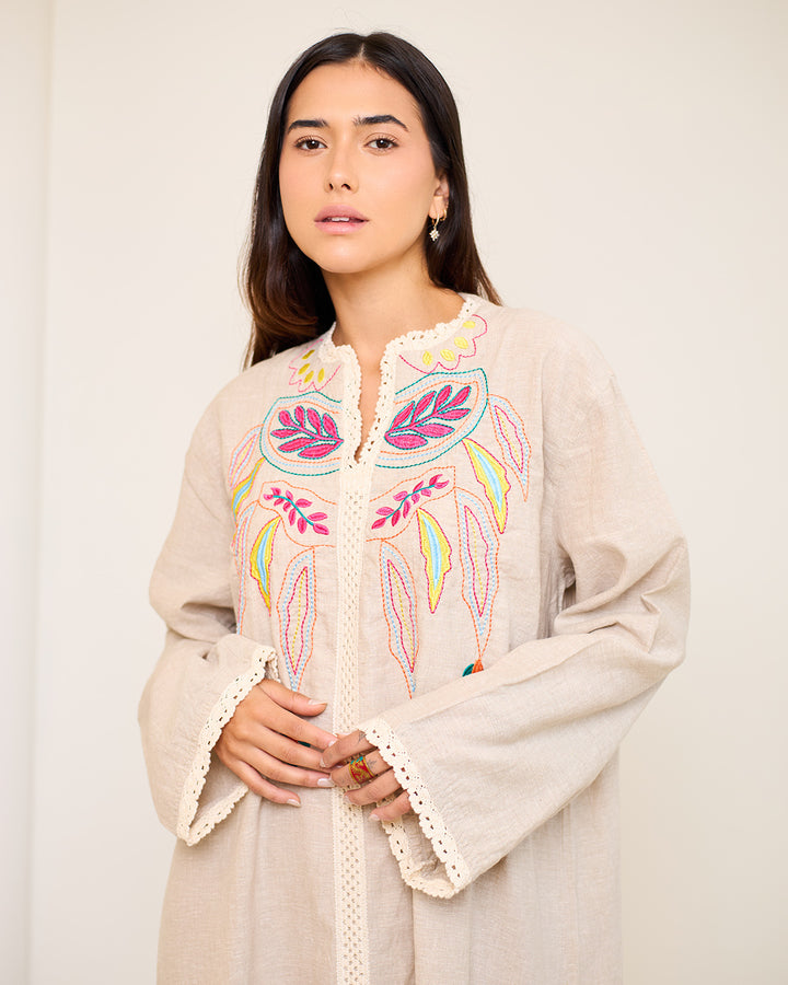 Embroidered Linen Kaftan Dress - Asiya