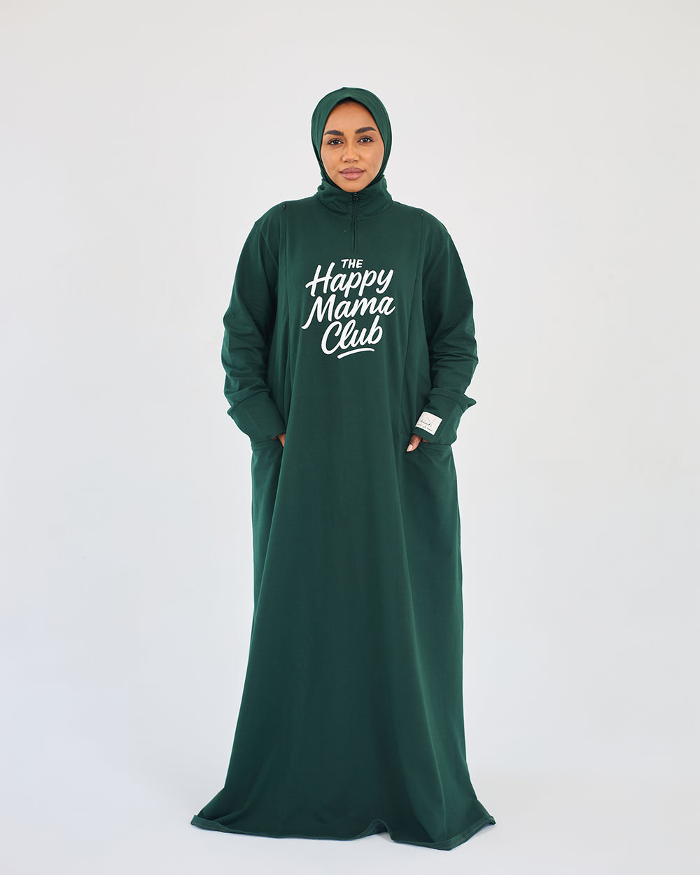 Happy Mama Club abaya in Dark Green — cotton zip dress, La Festiva
