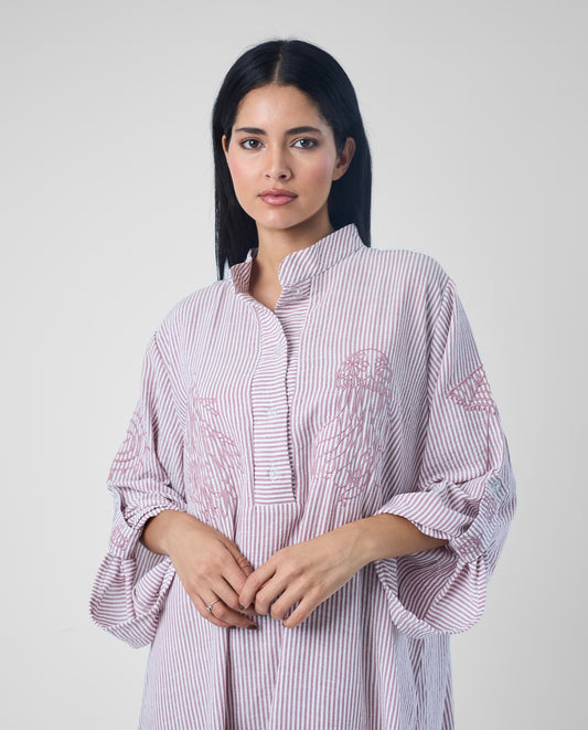 Coastal Reef – Lavender | Embroidered Linen Cotton Striped Dress