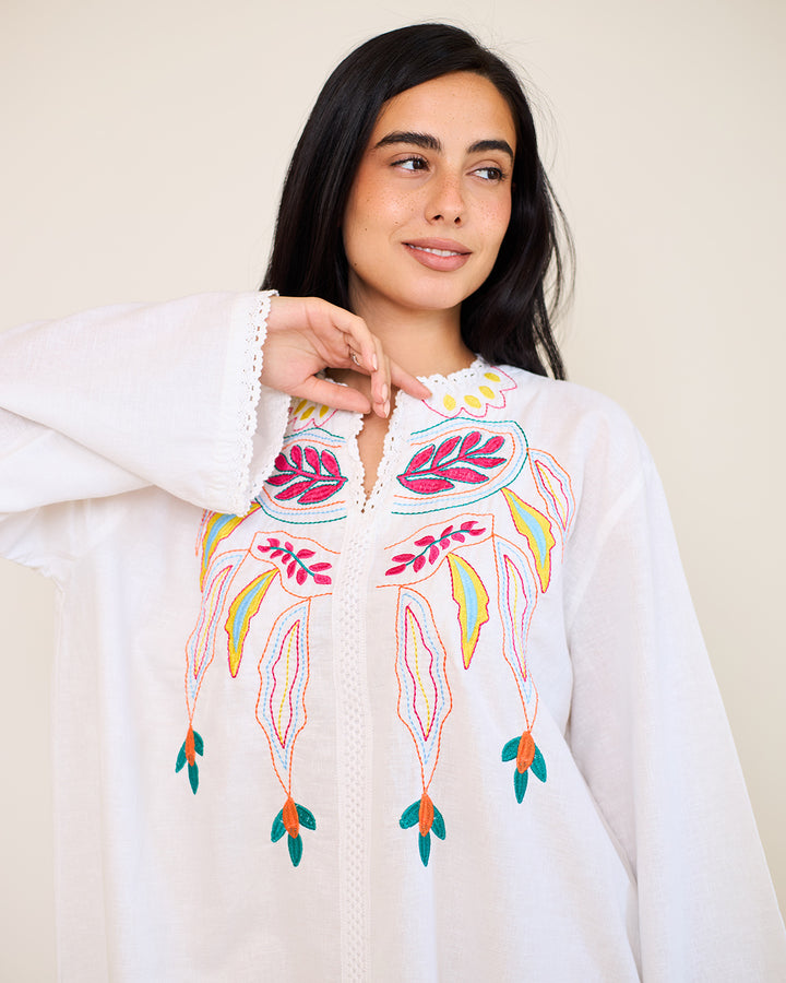 Embroidered Linen Kaftan Dress - Asiya