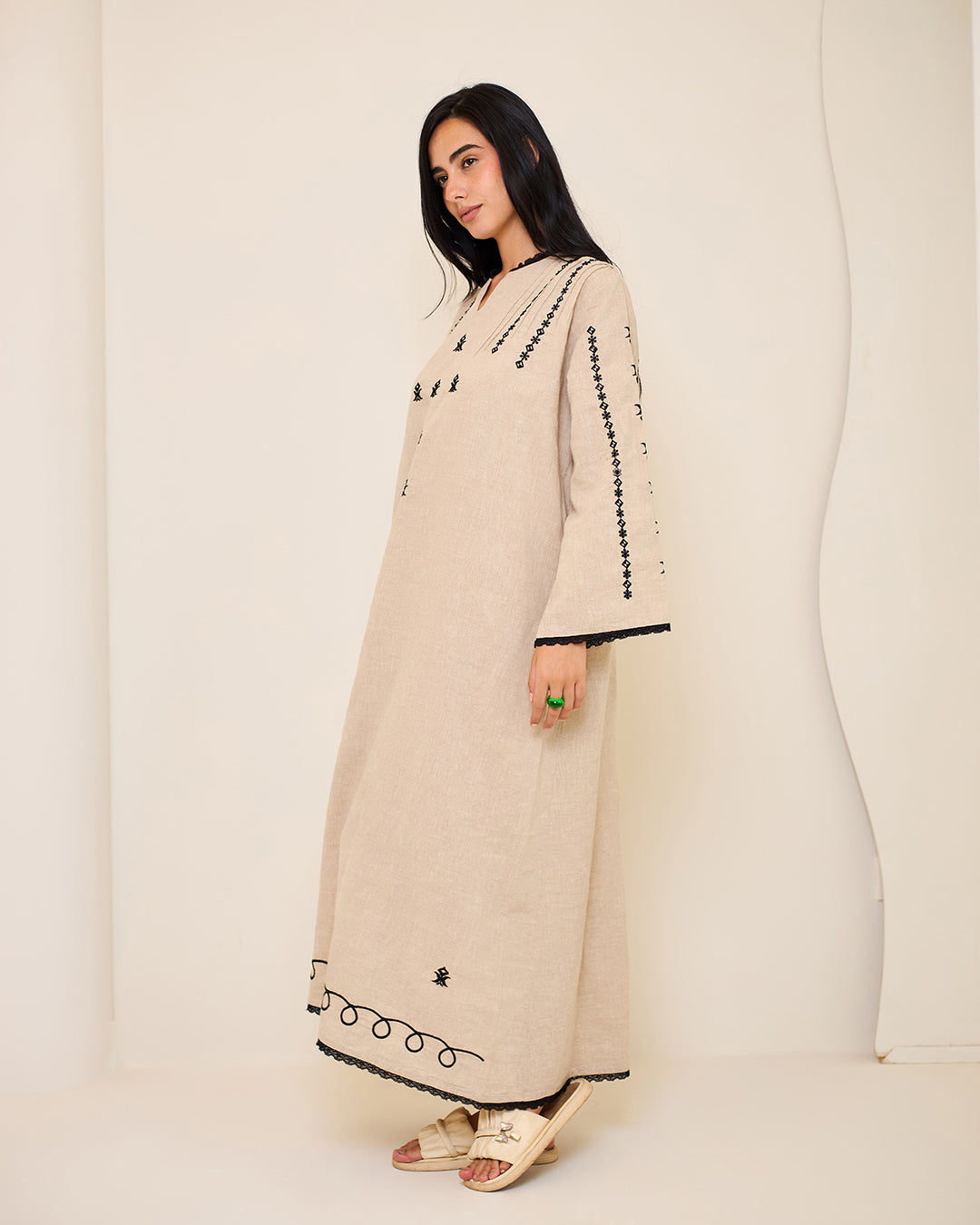 Embroidered Linen Kaftan Dress - Amelia
