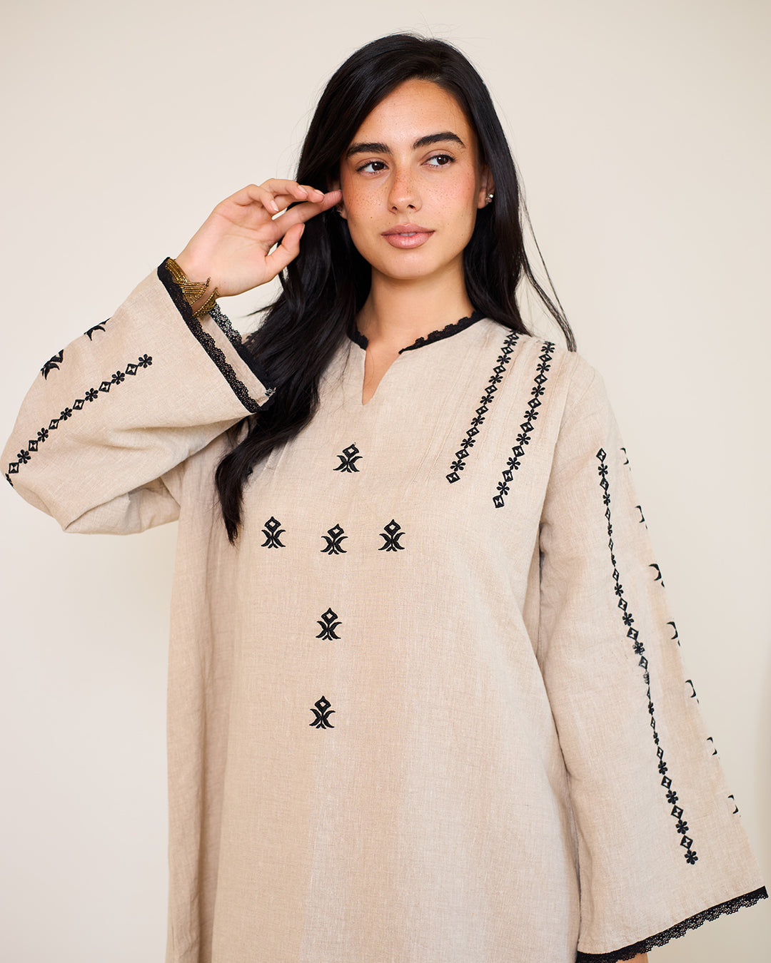 Embroidered Linen Kaftan Dress - Amelia