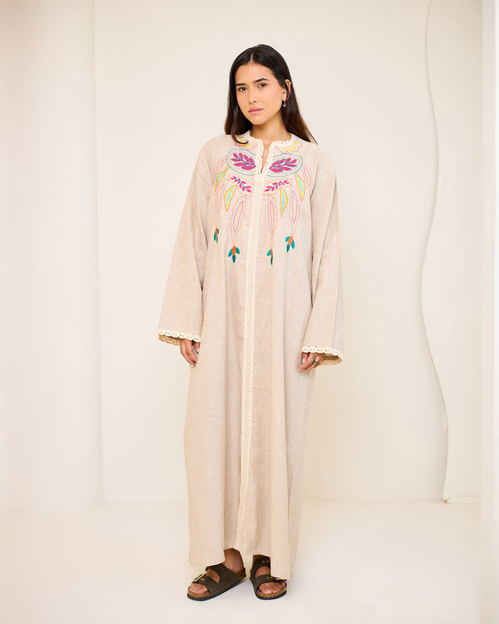 Embroidered Linen Kaftan Dress - Asiya