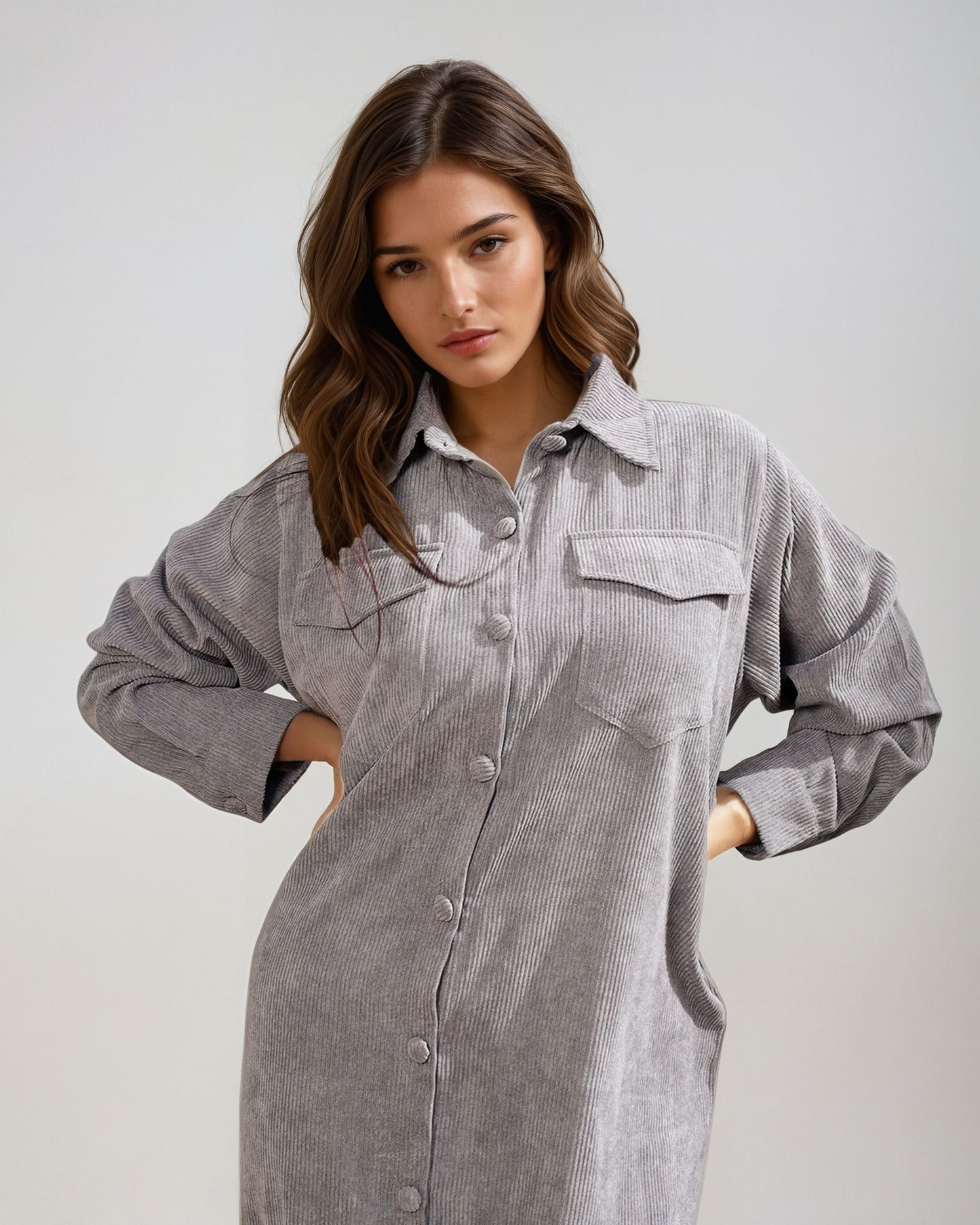 Velvet Shirt Dress-Grey