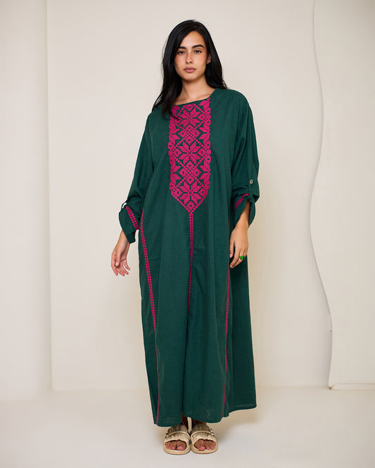 Aphrodite Dark Green Embroidered Linen Kaftan Dress