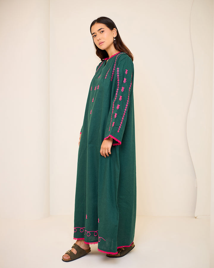 Embroidered Linen Kaftan Dress - Amelia
