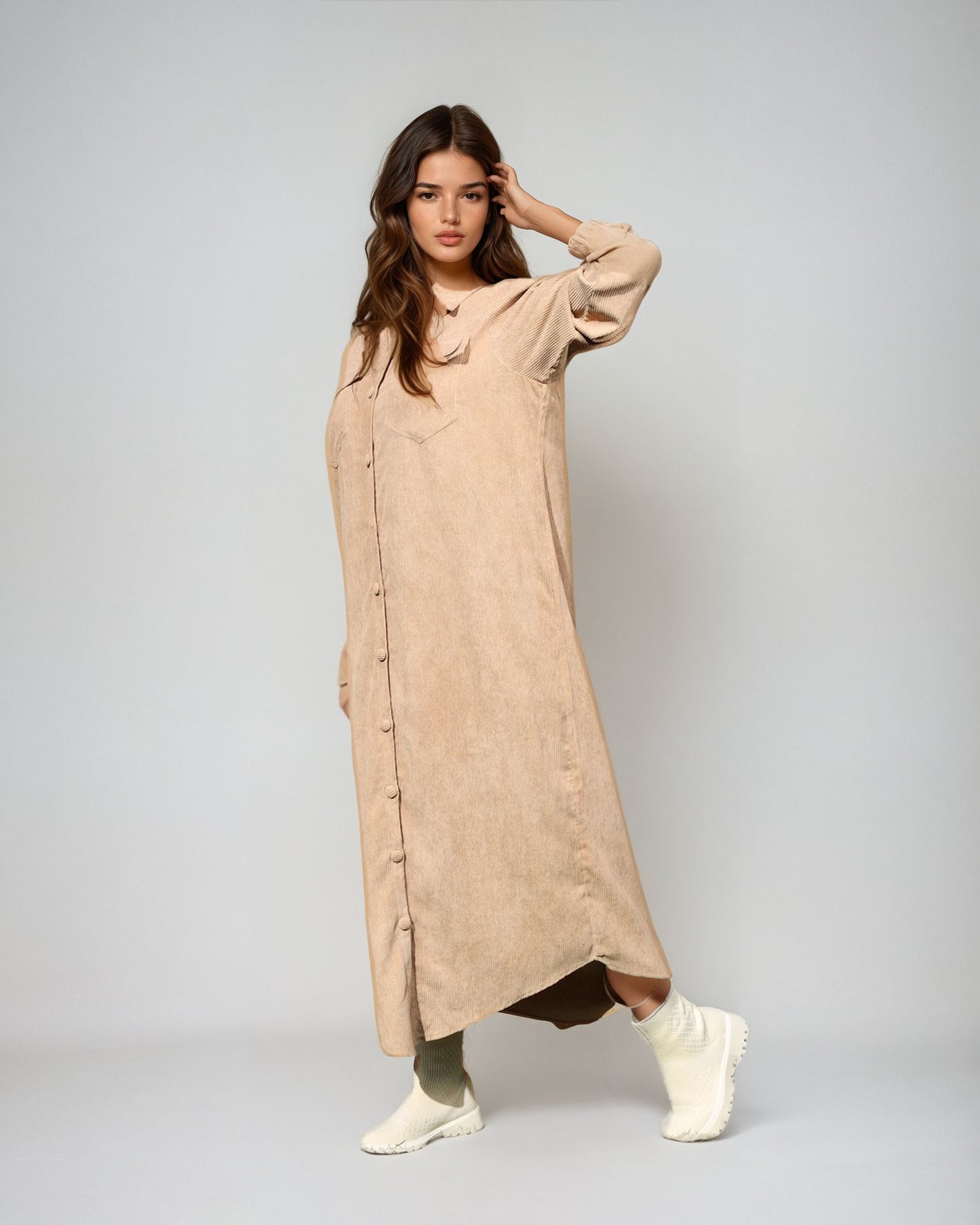 Velvet Shirt Dress-Beige