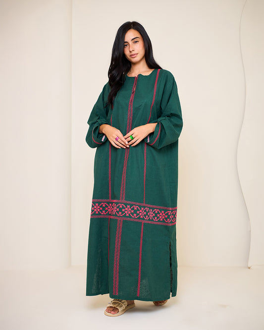 Aphrodite Dark Green Embroidered Linen Kaftan Dress