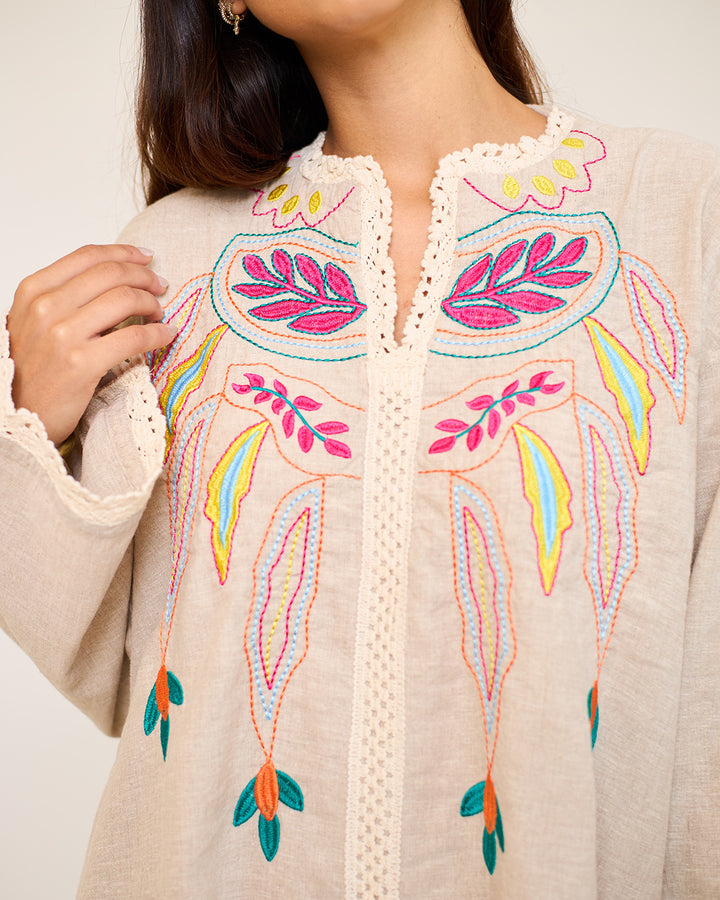 Embroidered Linen Kaftan Dress - Asiya