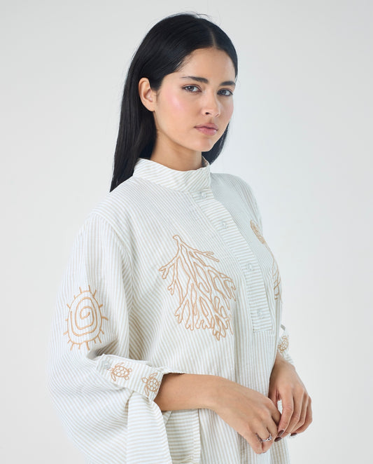 Coastal Reef – Sand | Embroidered Linen Cotton Striped Dress