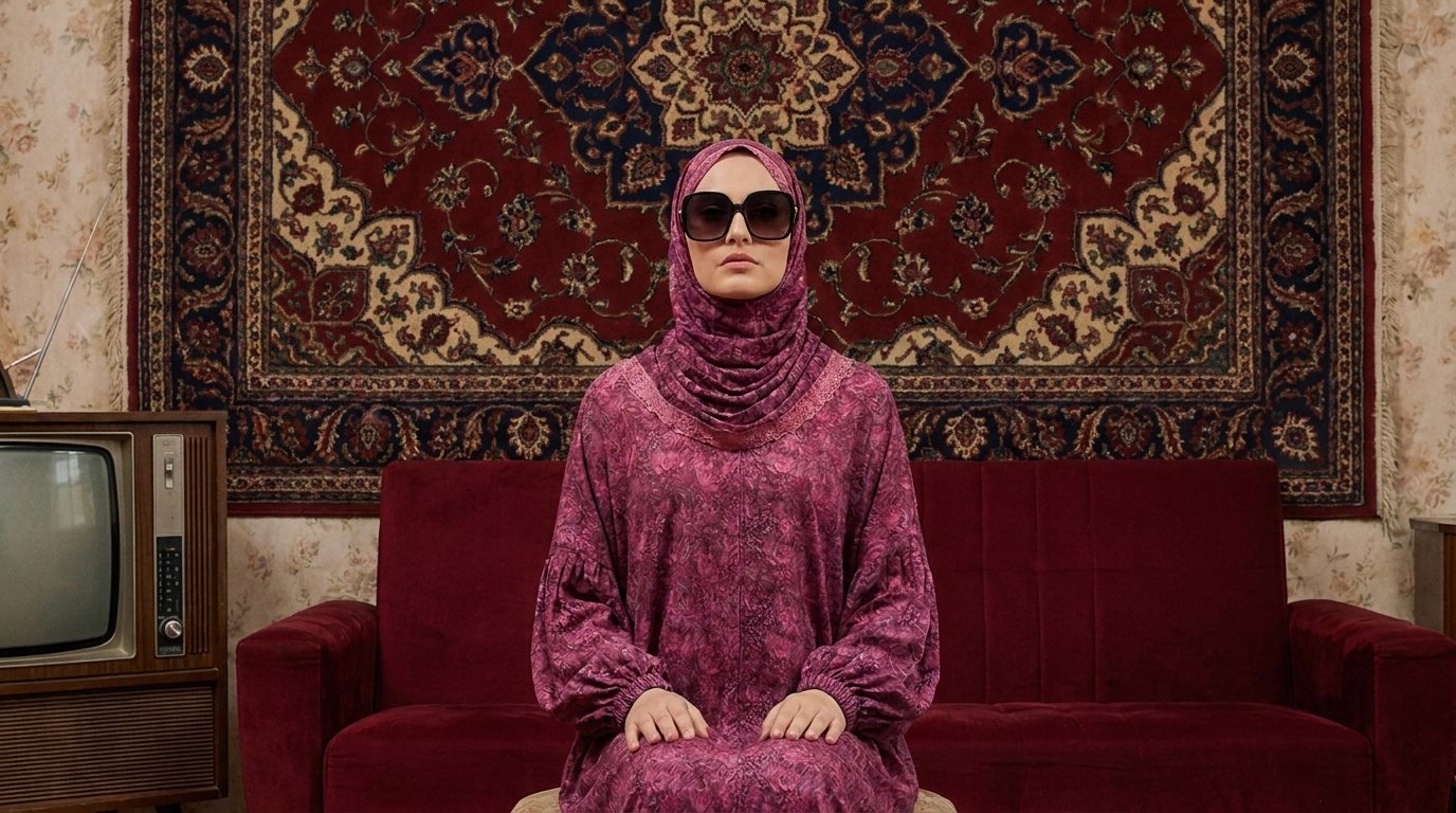 Woman wearing a mulberry floral print isdal with attached hijab, seated in a traditional Egyptian sitting room