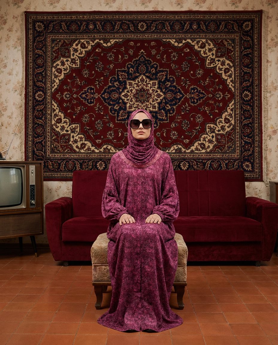 Full-length mulberry floral print isdal with attached hijab and long cuffed sleeves, shown seated